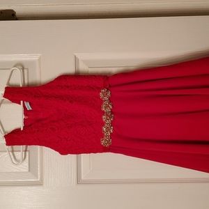 Girl's special occasion/cotillion dress. Red, lined, rhinestone embellishments.